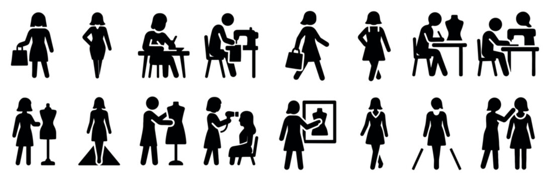 People icons with woman mannequin sewing silhouette