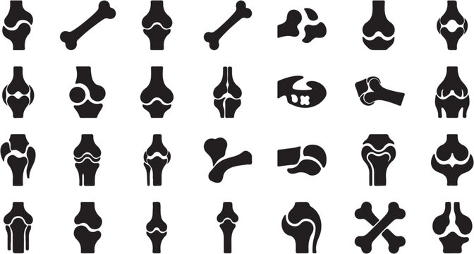 Collection of human bone and joint silhouettes representing skeletal anatomy and orthopedic health.