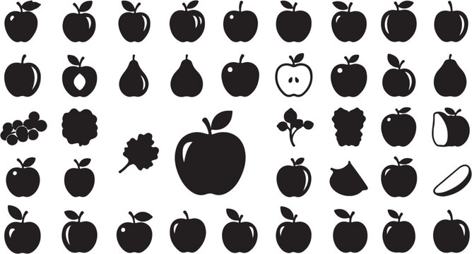 Collection of various apple silhouettes and fruit icons in black and white.