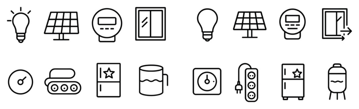 Energy icons with light bulb solar panel meter outline