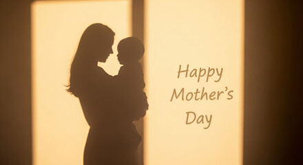 Naklejka premium Silhouette of woman holding her baby at sunset. Gentle embrace between mother and child. Concept of unconditional love, family bonding, and motherhood for Mothers Day celebration card.