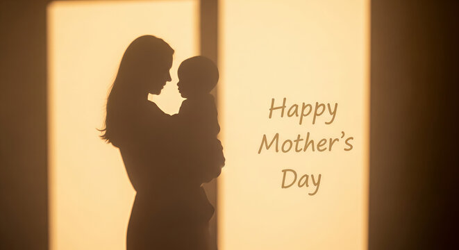 Silhouette of woman holding her baby at sunset. Gentle embrace between mother and child. Concept of unconditional love, family bonding, and motherhood for Mothers Day celebration card.