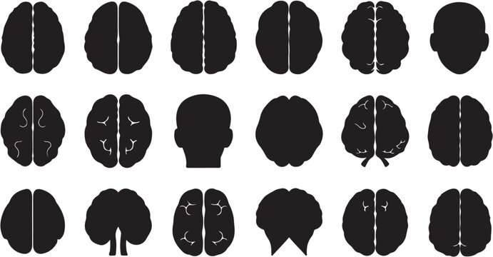 Human Brain Silhouette Collection Top View and Side View.