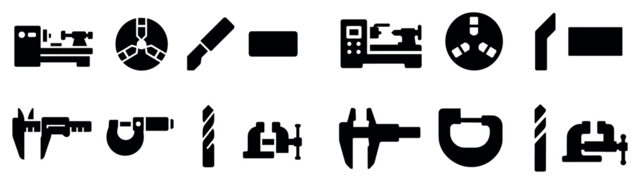 Manufacturing icons with lathe and caliper silhouette