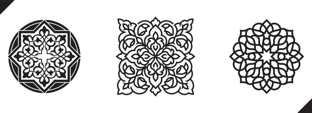 islamic floral, Black and white mandala designs in circular and square shapes isolated on white background