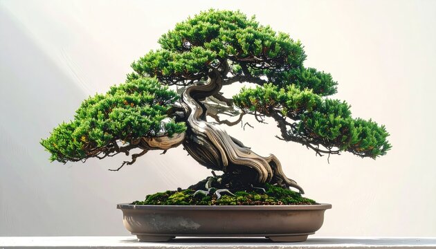 Ancient, windswept juniper bonsai with gnarled trunk and lush green foliage