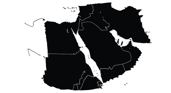 Black silhouette of the middle east and north africa region on white background