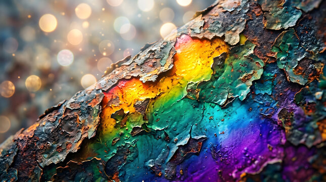 Rainbow iridescent rusted metal texture, colorful peeling paint on old steel surface, vibrant industrial rust background