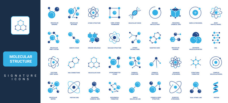 Molecular structure and chain, nucleus and electrons of atom, chemical molecule model glyph icon set. Science symbol, DNA and protein, vitamin, carbon compound solid vector illustration