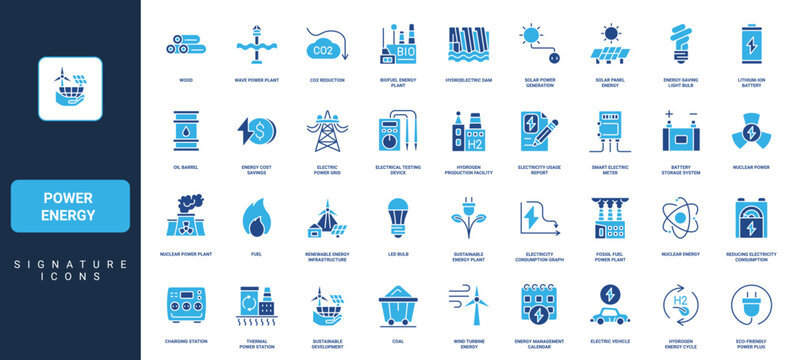Power energy and electricity generation infrastructure, factory chimney glyph icon set. Types of renewable natural sources, water and wind, sun, eco energy solid symbol vector illustration