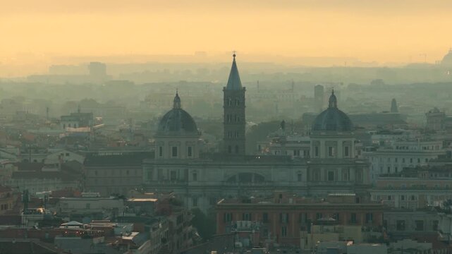Mid view on Rome with fog - Morning light during sunrise - Roman atmosphere