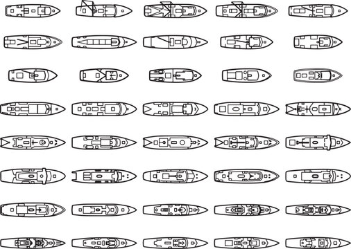 Top view of various detailed boat illustrations, showcasing their designs and features, great for nautical and design projects.