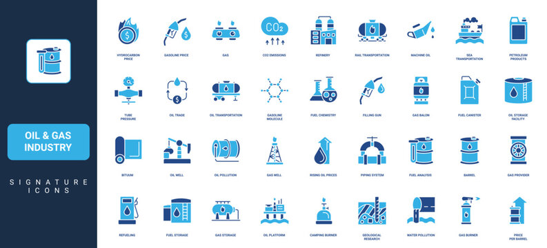 Oil and gas industry, barrel and tank for storage, refinery plant, fuel station glyph icon set. Well drilling and offshore platform, pump solid symbols vector illustration