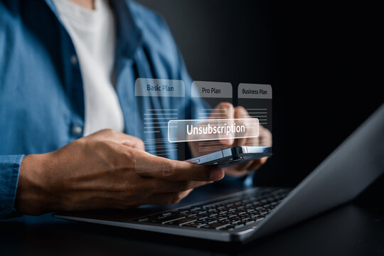 Package unsubscription and cancel membership concept. Person using smartphone and laptop with unsubscribe button.