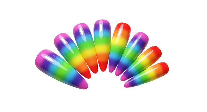 Rainbow gradient false nails set, colorful long stiletto press-on nails for manicure design, vibrant multi-color acrylic nail tips for beauty salon isolated PNG with Transparent Background