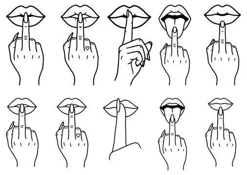 A collection of line art illustrations depicting female lips with fingers making gestures of silence obscenity and playfully sticking out tongues mouth hand secret rude middle finger