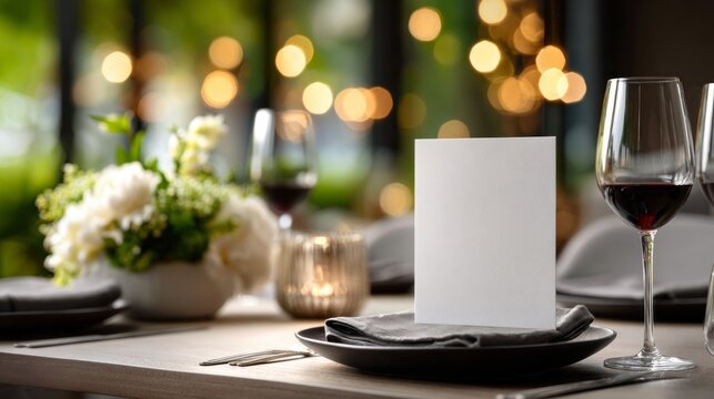 A beautifully arranged dining table showcases a blank white invitation mockup, surrounded by elegant glassware and a lovely floral centerpiece, inviting a perfect evening celebration