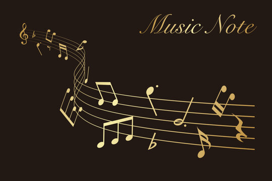 Gold wavy musical score on a black background: Vector illustration of musical notes dancing around a staff.