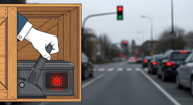 A red traffic light signals a stop at a busy urban street intersection to ensure road safety and transportation flow within the city