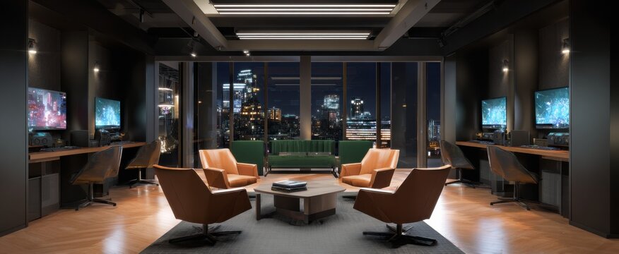 The co-gaming room sparks excitement with sleek seats and glowing multiple monitors.