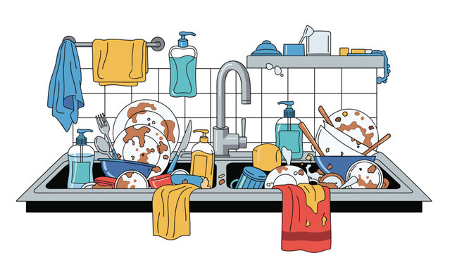 Messy kitchen sink is piled high with dirty dishes including plates, bowls, and cutlery covered in food remains and grease after a meal.