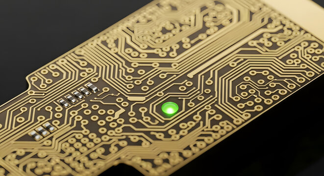 gold circuit board 3d render illustration with glowing green led indicator high quality