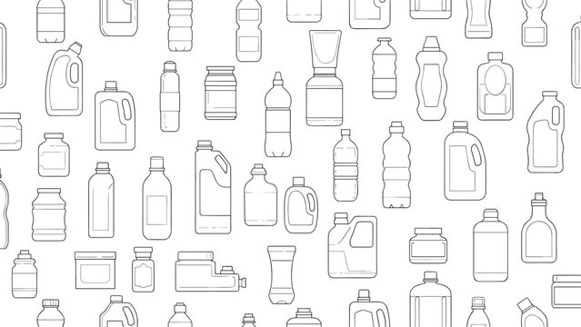 Detailed pattern of various plastic bottle outlines represents different types of containers for household liquids and cleaning products.