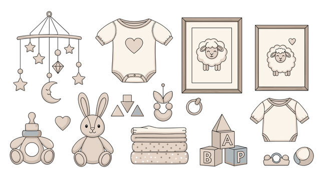 Comprehensive set of nursery items includes baby clothes, a mobile, wooden blocks, toys, and framed sheep pictures in soft neutral tones.