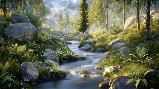 A serene forest scene with a gentle stream flowing through large rocks and boulders surrounded by lush green trees and ferns in a natural landscape.