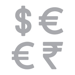 Fototapeta premium Currency symbols including dollar and euro are displayed as a set of flat vector icons for financial design projects.