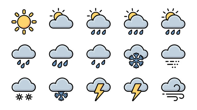 Sheet of 15 minimal weather icons &ndash; Ideal for weather apps, travel planners, or environmental dashboards.