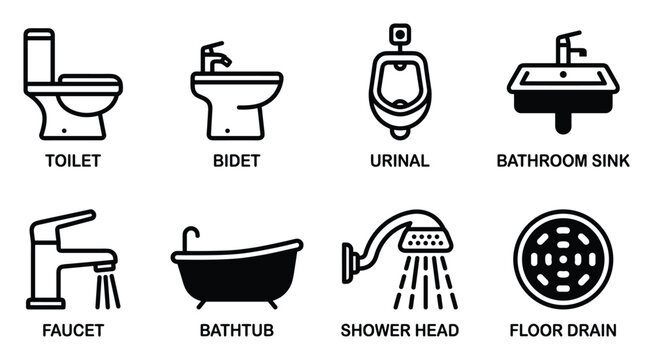 Bathroom fixtures and plumbing icons toilet bidet urinal sink faucet bathtub shower head floor drain.