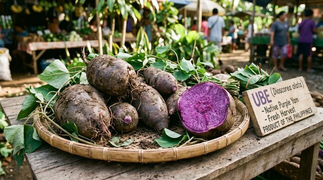 Freshly harvested ube or purple yam on a woven basket at a local market in the philippines