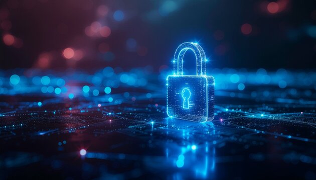 青く発光するデジタル南京錠と暗いネットワーク空間のデータ保護イメージ