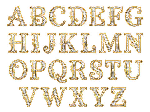 Alphabet set of gold letter decorated with diamond and pearl on transparent background. Luxury royal font for invitation and wedding greeting card design. Decorative vintage style letter.