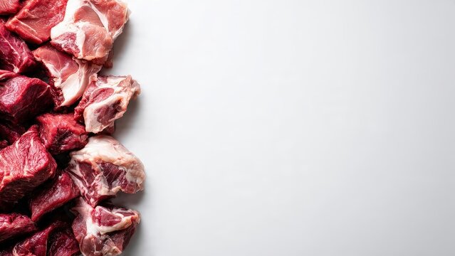 Fresh Raw Red Meat Pieces on White Background for Butchery or Culinary Use