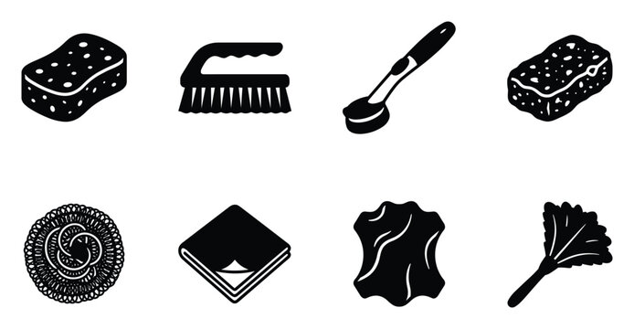 Cleaning supplies icons sponge brush spoon cloth leather duster vector set isolated on white background.