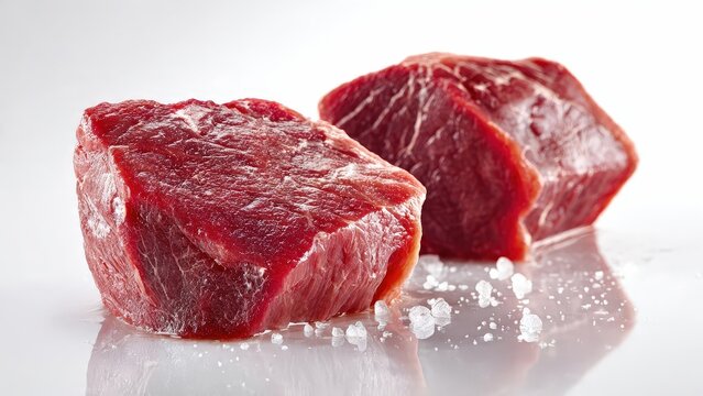 Fresh Red Meat Cuts on White Surface with Salt Crystals