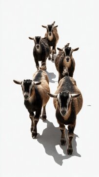 Group of Small Brown and Black Goats Walking on White Background