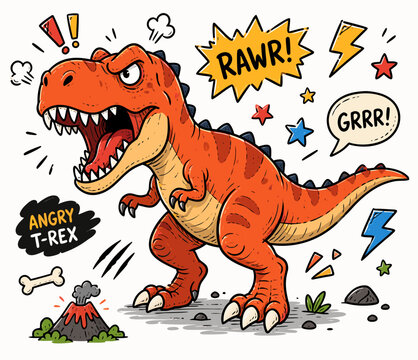 Angry Tyrannosaurus Rex Colorful Doodle Cartoon Vector Illustration with Hand Drawn Style