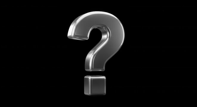 A shiny, metallic silver question mark symbol isolated against a solid black background, featuring reflective surfaces and 3 d depth
