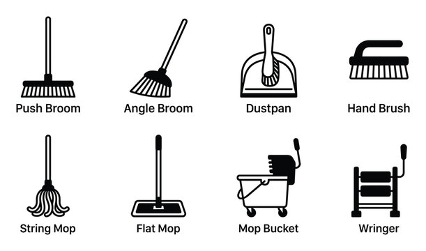 Cleaning tools icons push broom angle broom dustpan hand brush mop bucket wringer vector isolated.
