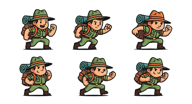 Cartoon adventurer sprite sheet running animation vector illustration