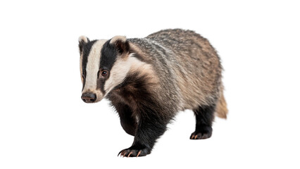 Wild European badger with iconic black and white striped face walking forward with realistic fur texture for nature isolated on transparent background © Olga