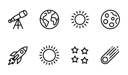 Space Exploration Icons: Telescope, Rocket, Earth, Sun, Moon, Stars, Comet - Flat Design Vector Illustration © Betto
