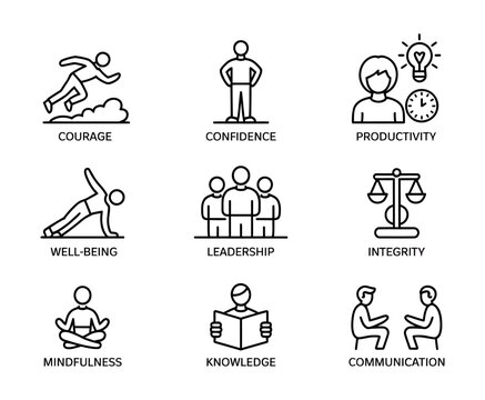 flat design vector icons for core values and personal growth concepts illustration