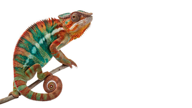 Colorful wild chameleon lizard sitting on a branch with unique skin texture and green eyes for exotic nature isolated on transparent background