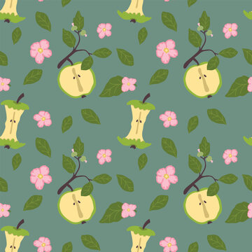 Pattern with green apples on a branch, apple blossom and a core on a royal blue background