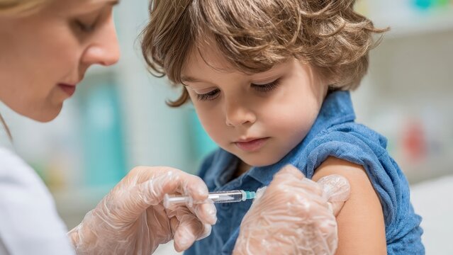 Young Boy Receiving Vaccination in Medical Clinic with Caring Nurse