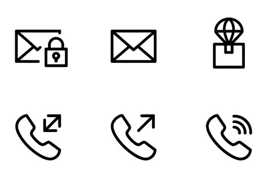 Set of communication and delivery icons: locked envelope, open envelope, package with balloon, outgoing call, incoming call, vector illustration